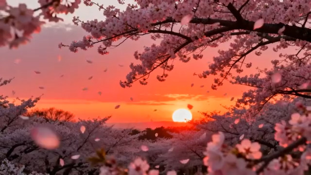  日落时分盛开的樱花树2614#横屏 	 -