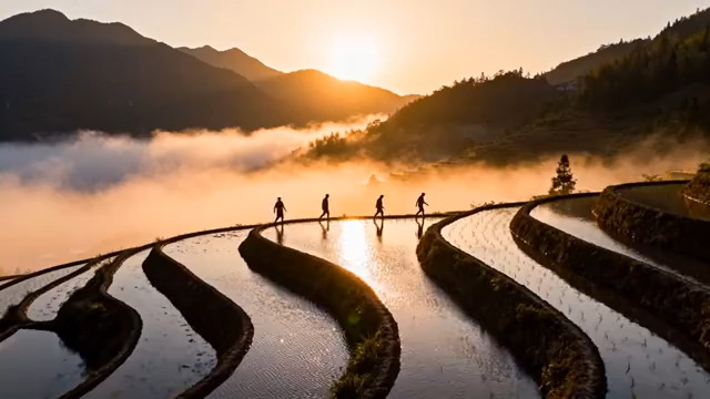  日出时山间梯田与行人景观2961#横屏 	 