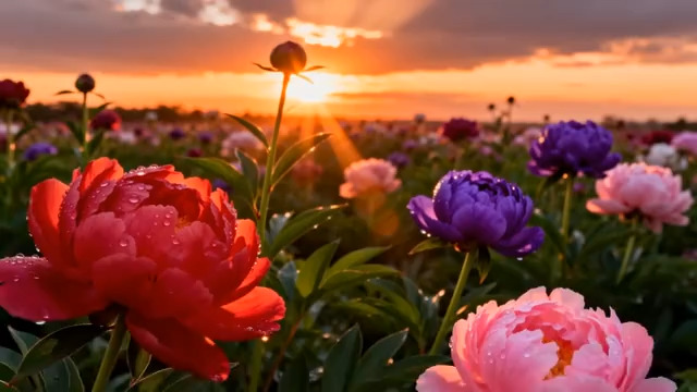  日落时分花卉田野景象3068#横屏 	 -