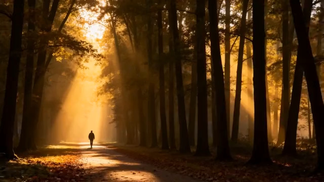  人在阳光森林小道独自行走1077#横屏 	 