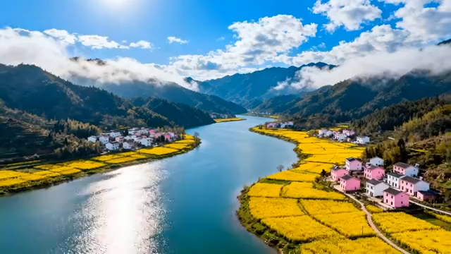 乡村油菜花田河流全景3669#横屏 