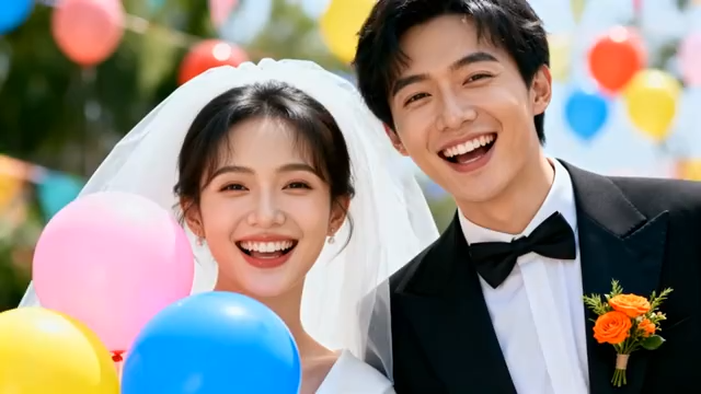 新婚夫妻手持气球合影4801#横屏 