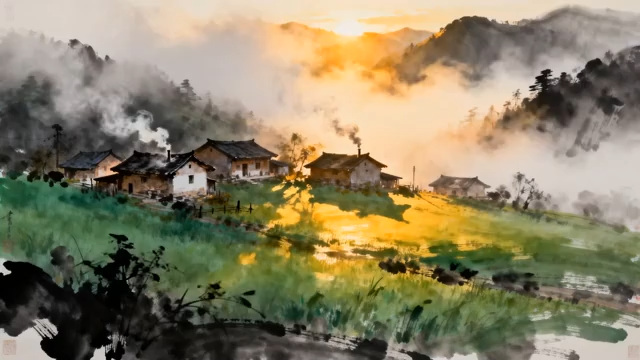 乡村日出山水墨意境风景5074#横屏 