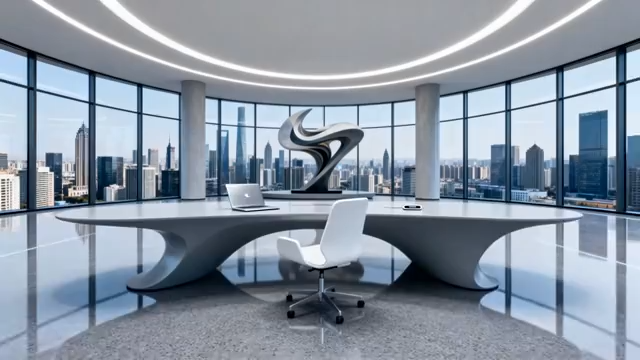 现代办公室内办公桌与城市景观276#横屏 