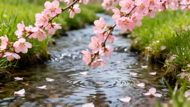 溪边绽放的粉色樱花4834#横屏 