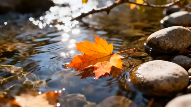 溪流中漂浮的秋日枫叶3032#横屏 