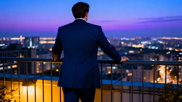 装男子俯瞰城市夜景4845#横屏 