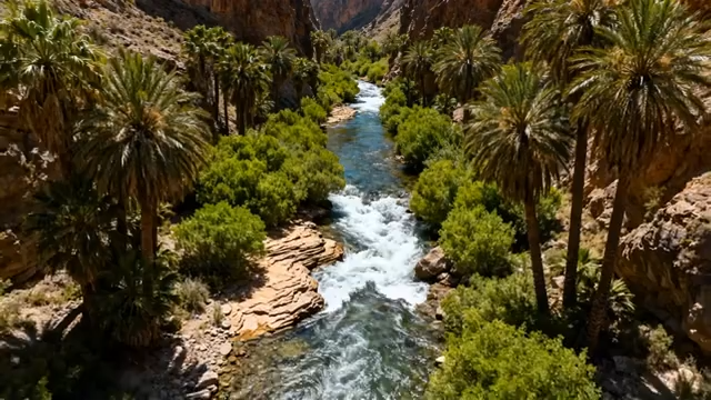 峡谷中河流与棕榈树景观785#横屏 