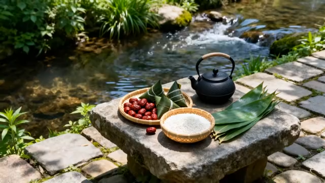 溪边石桌摆放粽子食材1309#横屏 