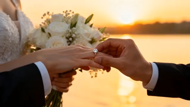 夕阳下新人戴戒指瞬间174#横屏 