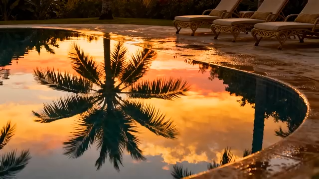 夕阳下泳池边的棕榈树倒影5421#横屏 