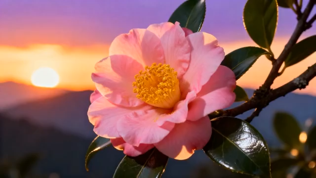 夕阳下盛开的粉色山茶花615#横屏 