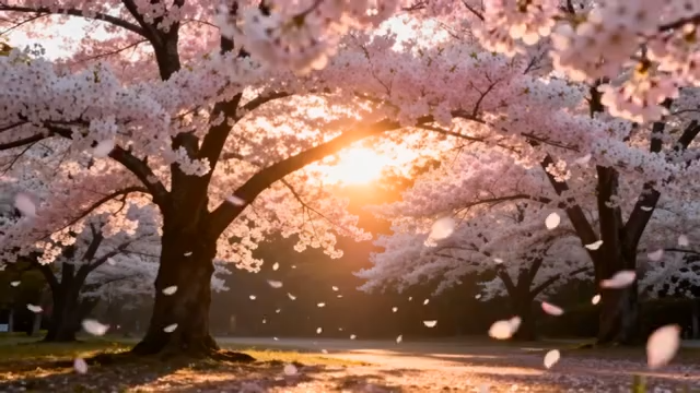 夕阳下盛开的樱花树3422#横屏 