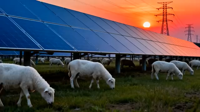 夕阳下羊群与太阳能板景观4493#横屏 