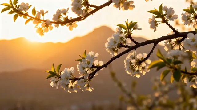 夕阳下绽放的梨花树枝4693#横屏 