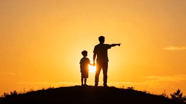 阳下父子牵手指向远方2366#横屏 