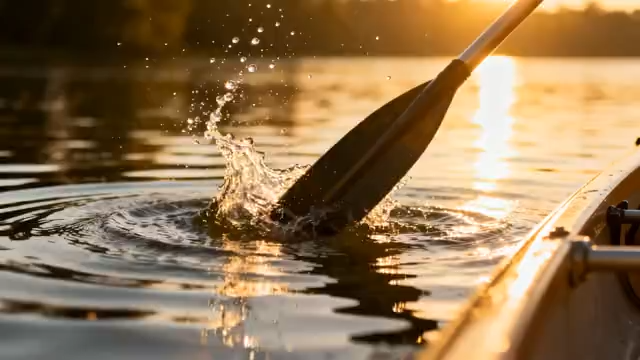 夕阳下湖面划船划桨画面5136#横屏 