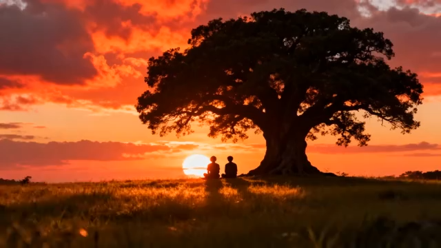 夕阳下两人坐于大树旁草地1463#横屏 