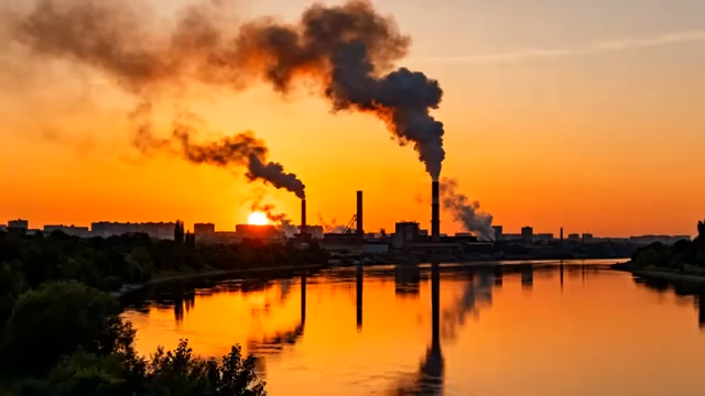 夕阳下工厂烟囱冒烟景象3286#横屏 