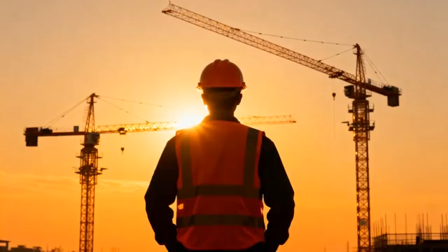 夕阳下工地工人与塔吊场景121#横屏 