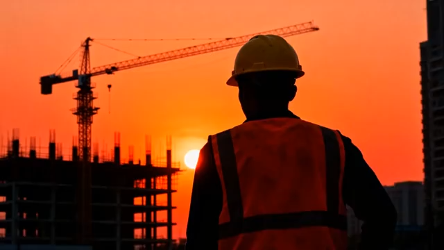 夕阳下建筑工地工人背影4247#横屏 