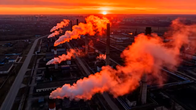 夕阳下工厂烟囱冒烟场景970#横屏 