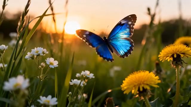 夕阳下蝴蝶飞舞于花草间3399#横屏 
