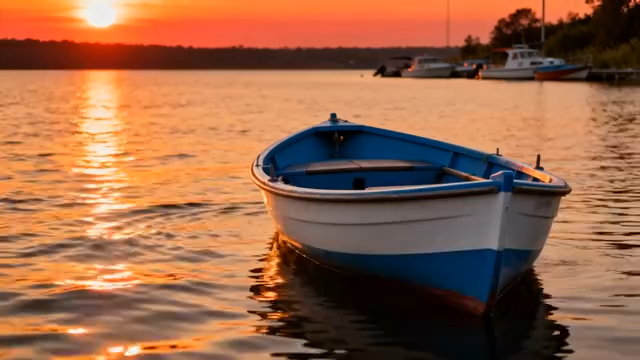 夕阳下湖面小船风景1205#横屏 