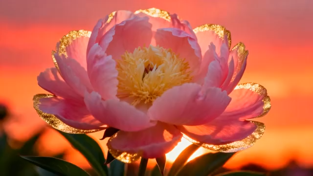 夕阳下带金边的粉色芍药花4427#横屏 