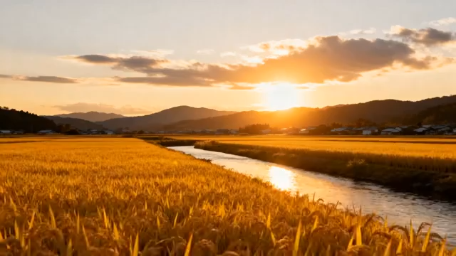 夕阳下稻田与河流风景5293#横屏 