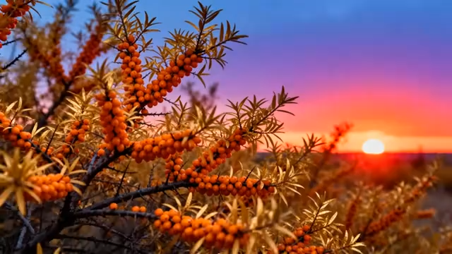 夕阳下的沙棘果实特写4989#横屏 