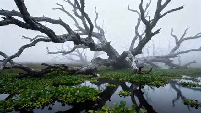 雾中枯树与水生植物景观3572#横屏 