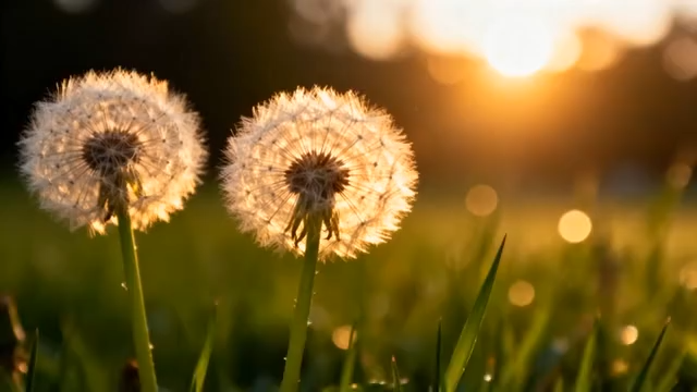 夕阳下草地中的蒲公英321#横屏 