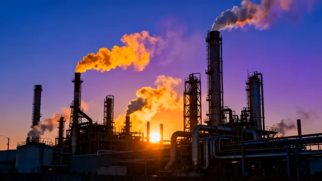 夕阳下的工厂烟囱全景3090#横屏 