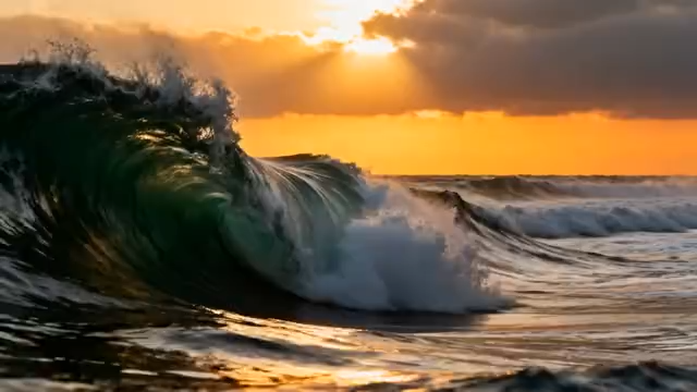 夕阳下大海翻涌的浪花2972#横屏 