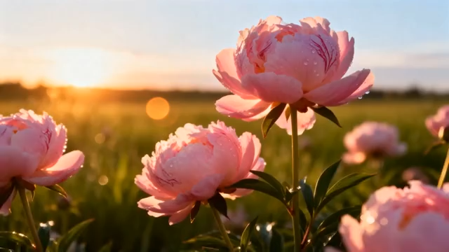 夕阳下的粉色牡丹花5534#横屏 