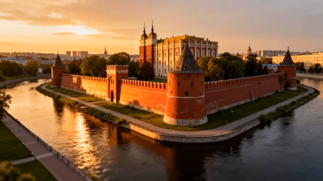 夕阳下城堡建筑航拍4107#横屏 