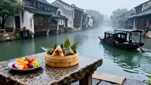 乌镇水乡游船旁的美食场景3650#横屏 