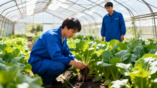 温室大棚内人员查看蔬菜705#横屏 