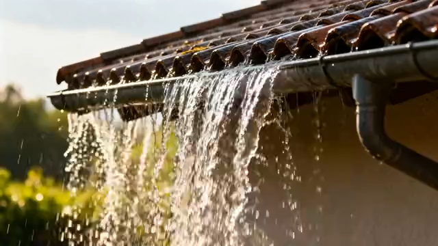 屋顶雨水从檐沟倾泻而下2172#横屏 