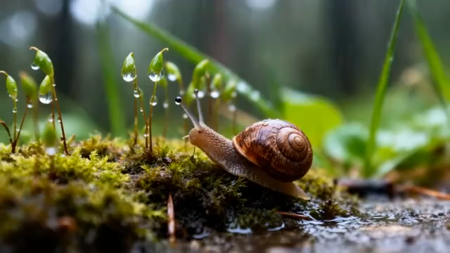 蜗牛在苔藓上爬行特写2552#横屏 