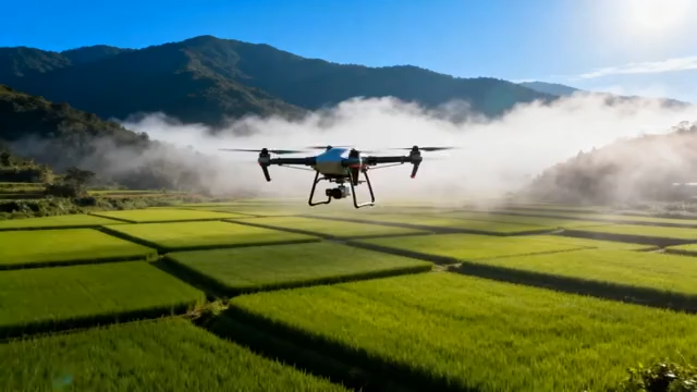 无人机飞行于绿色稻田上空1215#横屏 