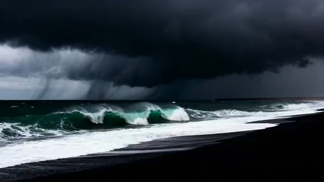 乌云下海浪拍打黑色沙滩1899#横屏 
