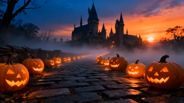 万圣节城堡前南瓜灯夜景1631#横屏 