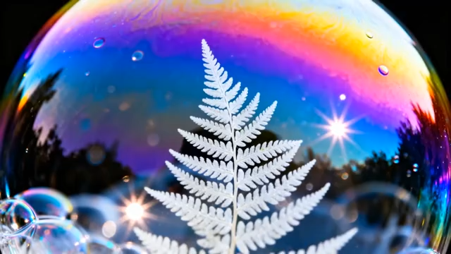 微距下蕨叶与彩色泡泡素材1112#横屏 