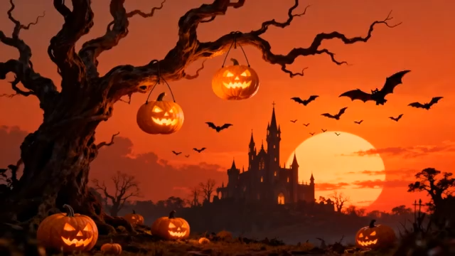 万圣节南瓜灯与古堡风景1048#横屏 