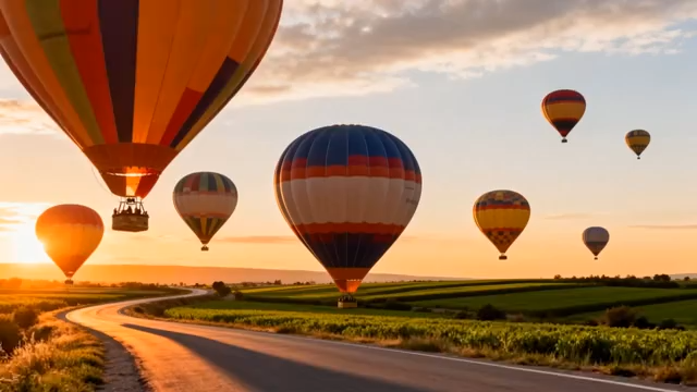 田野公路上空的热气球群239#横屏 