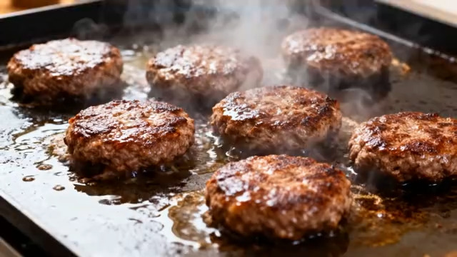  平底锅煎制牛肉汉堡肉饼492#横屏 	 