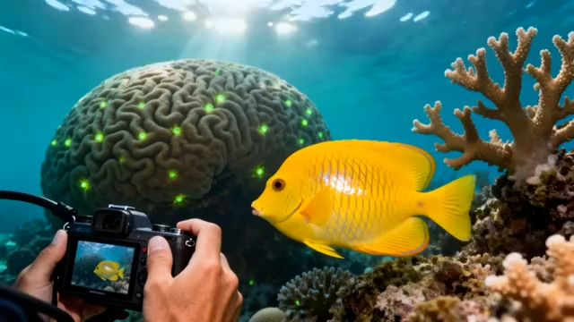 水下拍摄黄色鱼类与珊瑚画面5238#横屏 