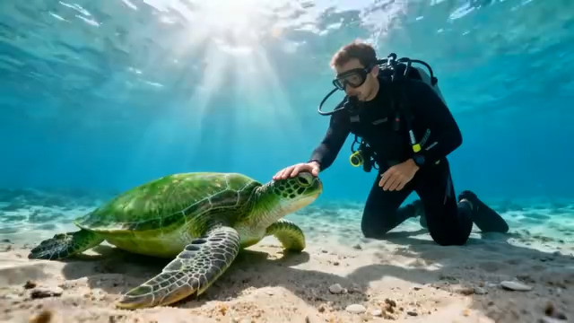  潜水员海底与海龟互动1559#横屏 	 -